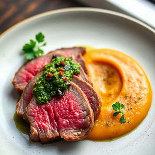 Wagyu Picanha with Bush Tomato Chimichurri and Smoked Sweet Potato Puree